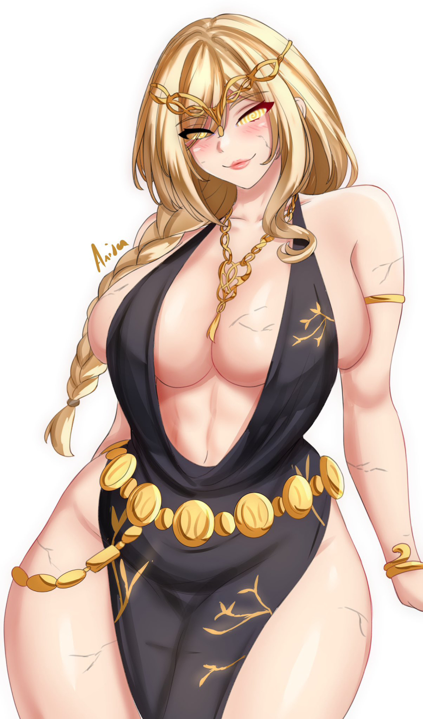 anisdrawn blonde_hair blush bracelet braid breasts circlet cleavage clothed_exposure collarbone dress elden_ring exposed_chest female_only femsub glowing glowing_eyes huge_breasts jewelry large_hips light_skin long_hair looking_at_viewer manip misterman4_(manipper) necklace nipples ponytail queen_marika smile spiral_eyes spiralwash_eyes standing symbol_in_eyes tagme yellow_eyes