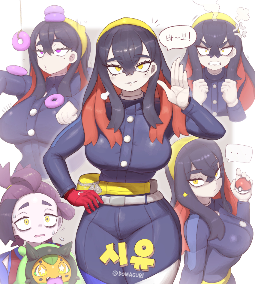 angry black_hair breasts carmine_(pokemon) chicken_pose domaguri hairband huge_breasts hypnotic_food kieran_(pokemon) korean_text long_hair mochi_dance multicolored_hair nintendo ogerpon pendulum pokeball pokemon pokemon_(creature) pokemon_scarlet_and_violet purple_eyes purple_hair red_hair text yellow_eyes