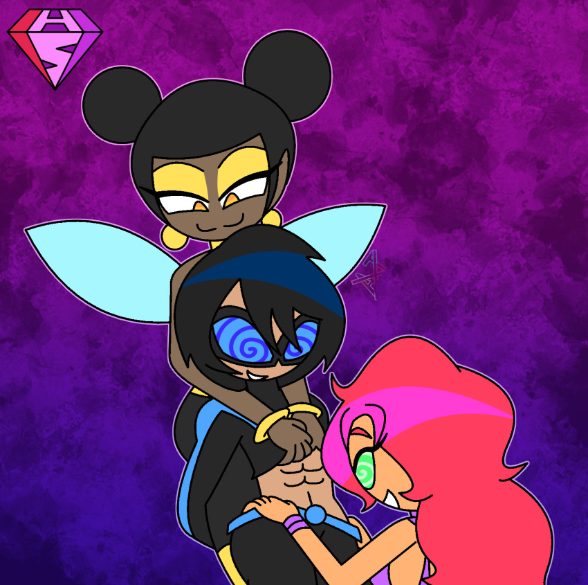 abs alien_girl bare_shoulders bee_girl belt bisexual black_hair blue_eyes bumblebee_(teen_titans) dark_skin dc_comics dick_grayson earrings eyebrows_visible_through_hair eyelashes eyeshadow femdom femsub green_eyes hair_buns happy_trance hypnoscream large_ass love malesub multiple_girls multiple_subs navel nightwing orange_eyes red_hair shiny_hair shirt_lift sideboob simple_background smile smug spiralwash_eyes starfire sub_on_sub super_hero teen_titans threesome undressing wide_hips wings