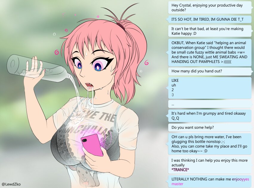 ambiguous_pov blue_eyes bra breasts crystal_(zko) dazed dialogue drool femsub glowing large_breasts nail_polish original pink_hair ponytail pov pov_dom see-through tech_control text trigger underwear user_interface wet_clothes zko