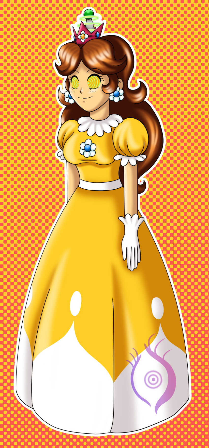 absurdres brown_hair coilsandroses crown dress earrings female_only femsub gloves happy_trance hypnotic_accessory long_hair nintendo princess princess_daisy ring_eyes simple_background smile solo standing story super_mario_bros. tech_control