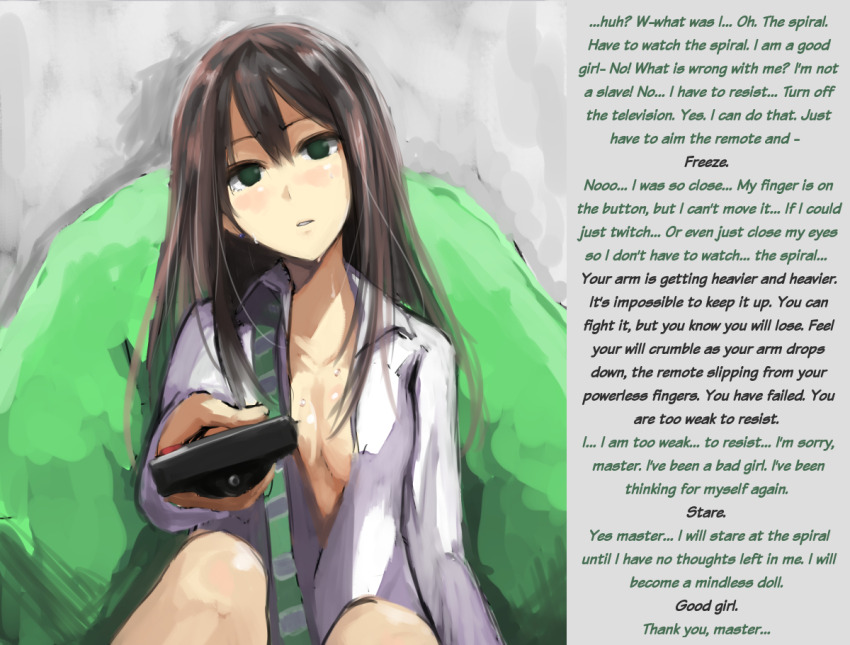 black_hair brown_hair busshock_(manipper) caption chair cleavage dazed empty_eyes expressionless femsub green_eyes hypnotic_screen idolmaster_cinderella_girls long_hair looking_at_viewer maledom manip open_clothes open_mouth resisting rin_shibuya ruichi sitting sweat text the_idolm@ster tie