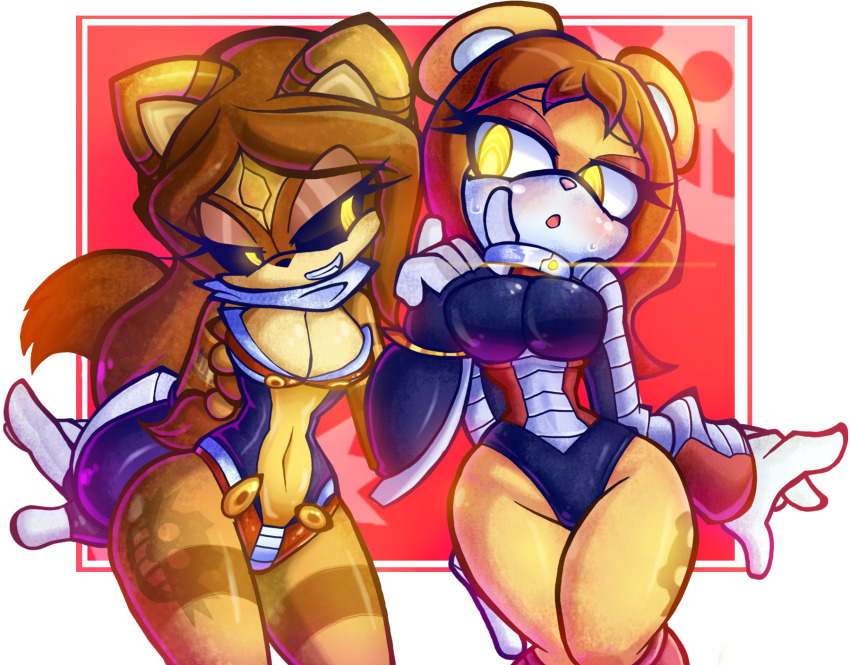 blonde_hair blush breasts character_request eyebrows_visible_through_hair female_only femdom femsub furry gloves leotard open_mouth pstash robot_girl sharp_teeth simple_background smile sonic_the_hedgehog_(series) spiral_eyes sweat tattoo tech_control twins yellow_eyes