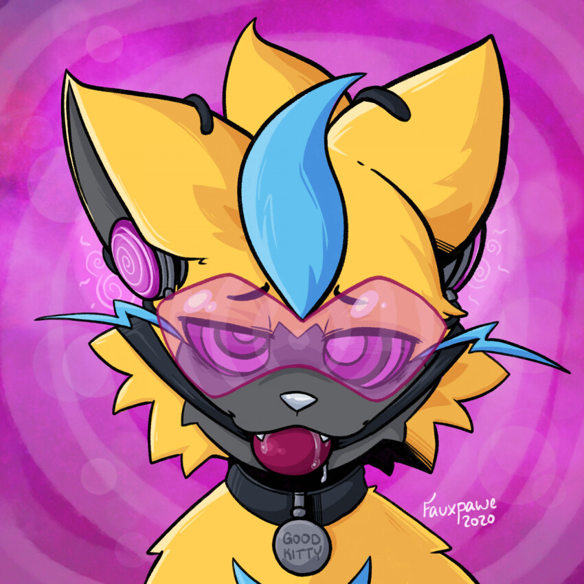 ball_gag cat_boy collar drool fangs fauxpawe furry headphones hypnotic_audio male_only malesub nintendo pet_play pokemon pokemon_(creature) signature smile solo spiral spiral_background spiral_eyes symbol_in_eyes tech_control text visor yellow_skin zeraora