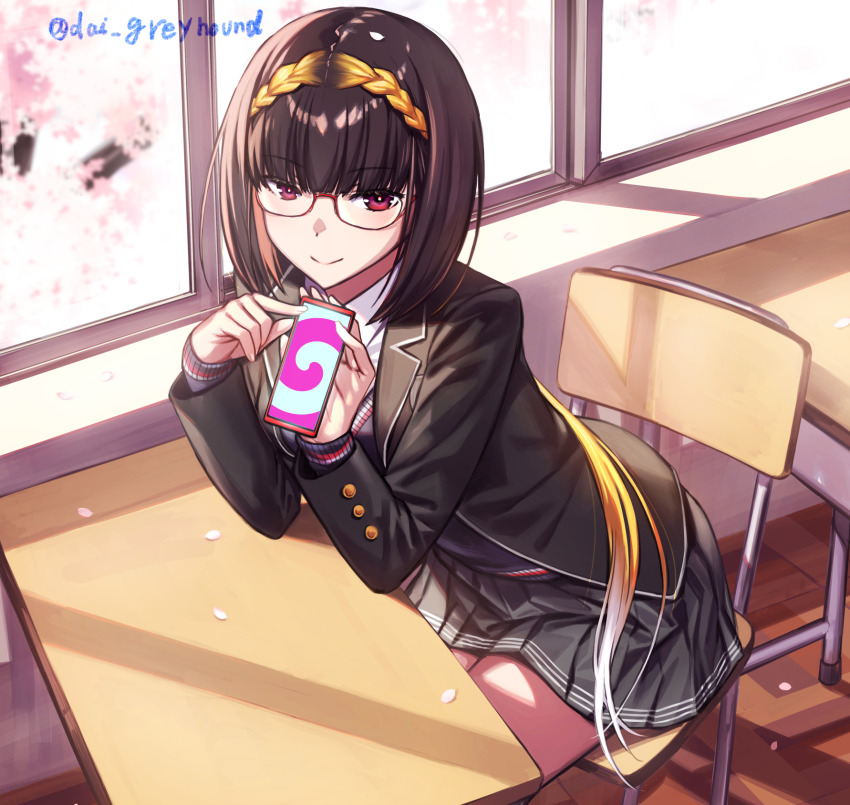 aodh_(manniper) bangs braid brown_hair cell_phone classroom clothed dai_greyhound eyebrows_visible_through_hair fate/grand_order fate_(series) female_only femdom glasses hypnotic_screen jacket leaning_forward long_hair looking_at_viewer manip multicolored_hair osakabe-hime phone pov pov_sub red_eyes school_uniform shirt sitting skirt smile solo spiral straight-cut_bangs tech_control very_long_hair watermark
