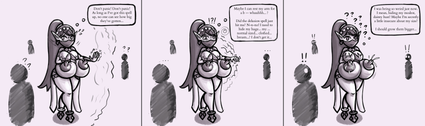 absurdres accidental_hypnosis altered_perception breast_expansion breasts femsub greyscale huge_breasts hyper_breasts lactation magic magicwritings milk monochrome paladins self_hypnosis story text ying_(paladins)
