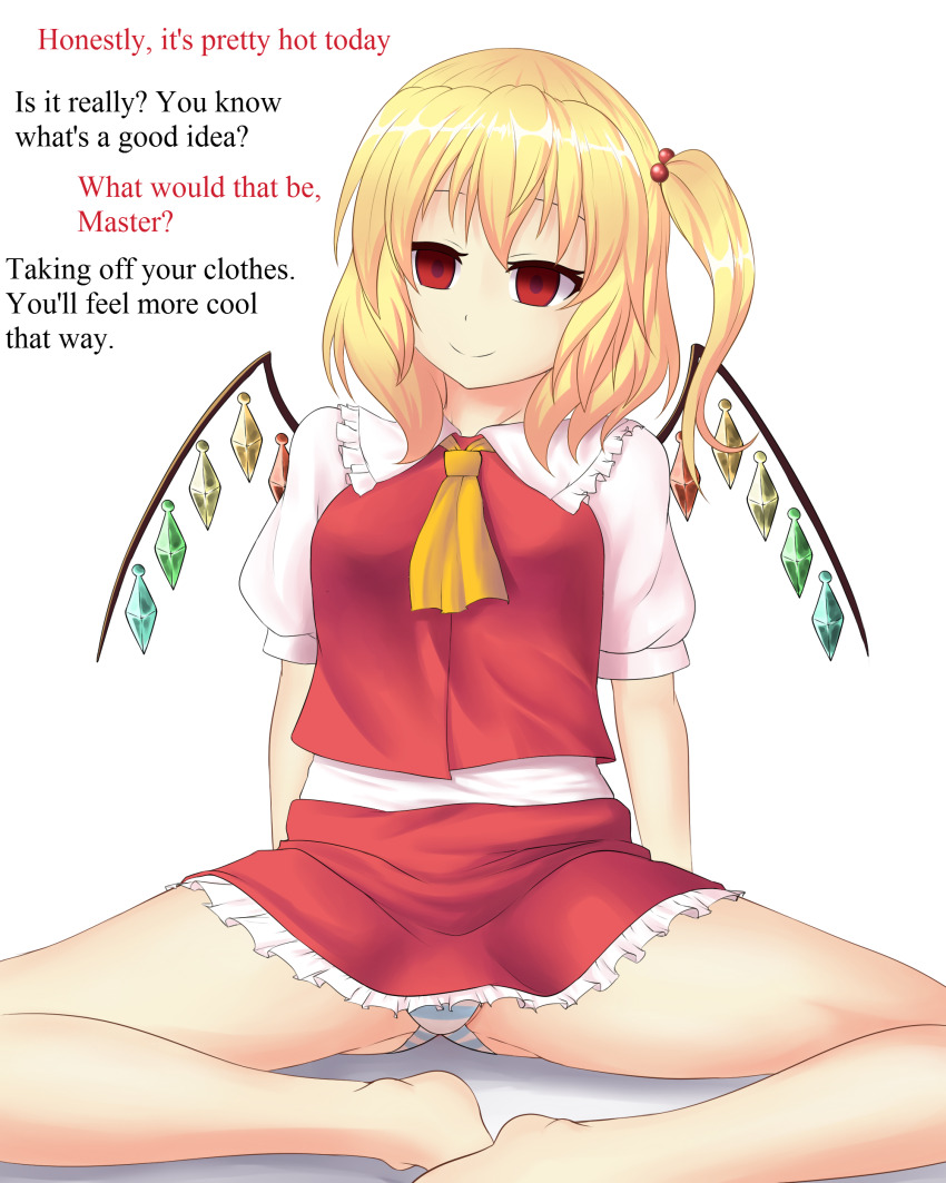 absurdres blonde_hair drool empty_eyes flandre_scarlet myuk open_mouth red_eyes side_ponytail text touhou vampire wings