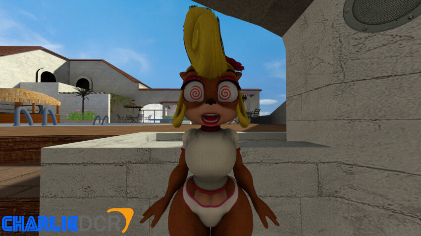 3d bandicoot_girl blonde_hair breasts charliedcr cleavage coco_bandicoot crash_bandicoot_(series) female_only femsub furry large_breasts open_mouth source_filmmaker spiral_eyes standing symbol_in_eyes tongue