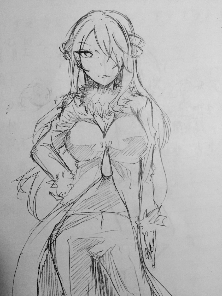 absurdres cynthia female_only hair_covering_one_eye hand_on_hip long_hair looking_at_viewer nintendo pokemon pokemon_diamond_pearl_and_platinum punitofu sketch solo
