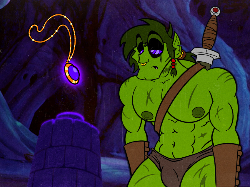abs earrings elf_ears gloves green_hair green_skin heavy_eyelids hypnotic_accessory loincloth magic male_only malesub muscle_boy necklace nose_ring orc orc_boy original piercing ring_eyes scars sleepy-foot slouching solo topless weapon