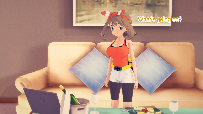 aware blue_eyes brown_hair clothed couch dialogue english_text female_only may mustardsauce pillow pokemon pokemon_(anime) solo text