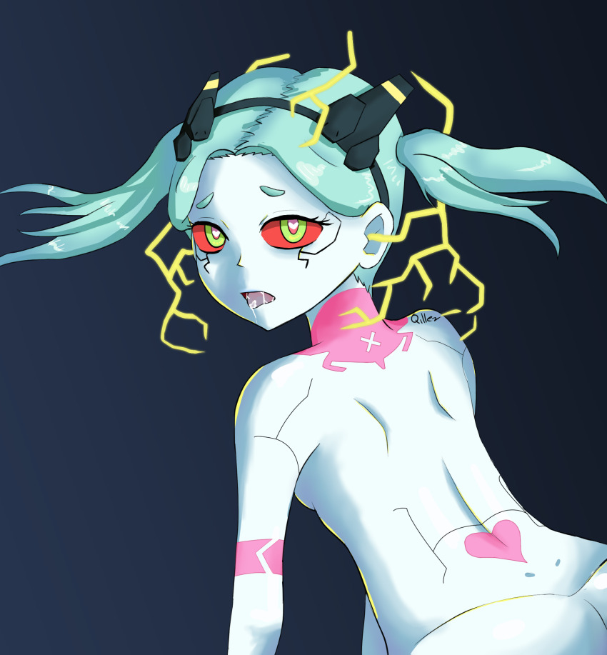 cyberpunk_(series) cyberpunk_edgerunners drool electricity female_only femsub hacking heart_eyes heart_tattoo nude petite qiller rebecca_(cyberpunk) small_breasts solo tattoo tongue_out twintails