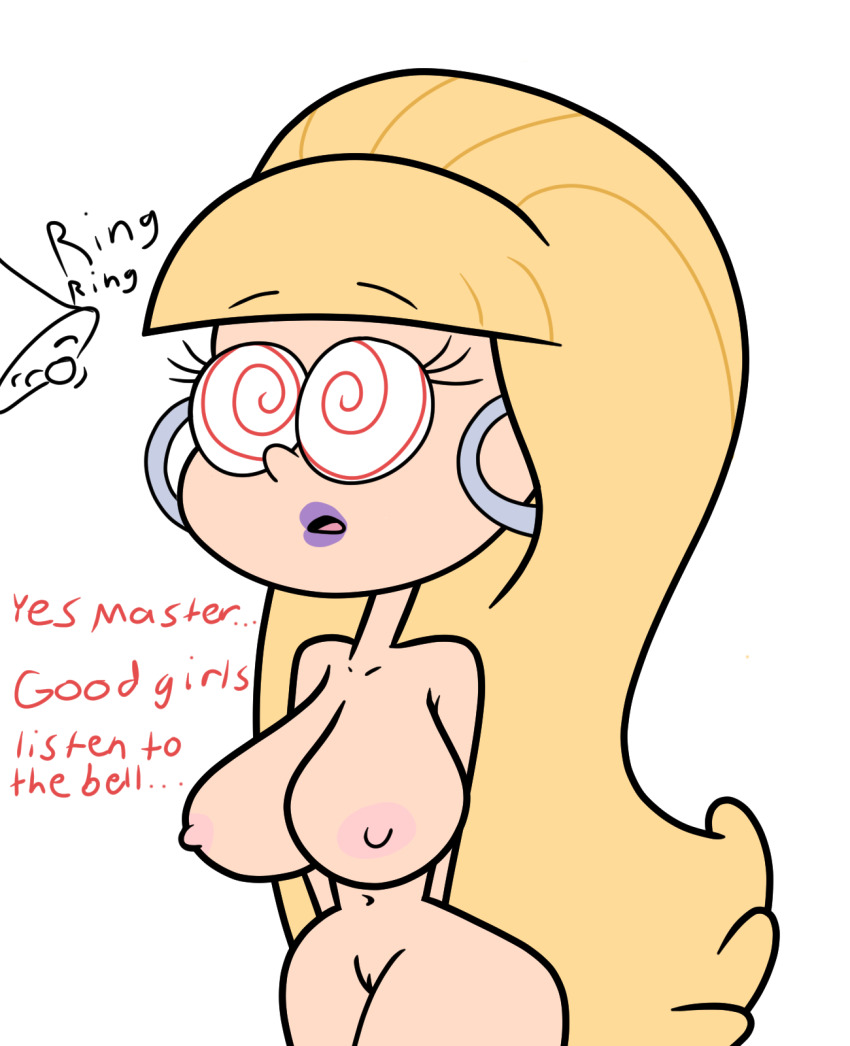 aged_up apopop bell blonde_hair bottomless breasts dialogue disney female_only femsub gravity_falls nude open_mouth pacifica_northwest solo spiral_eyes symbol_in_eyes tagme text topless trigger very_long_hair