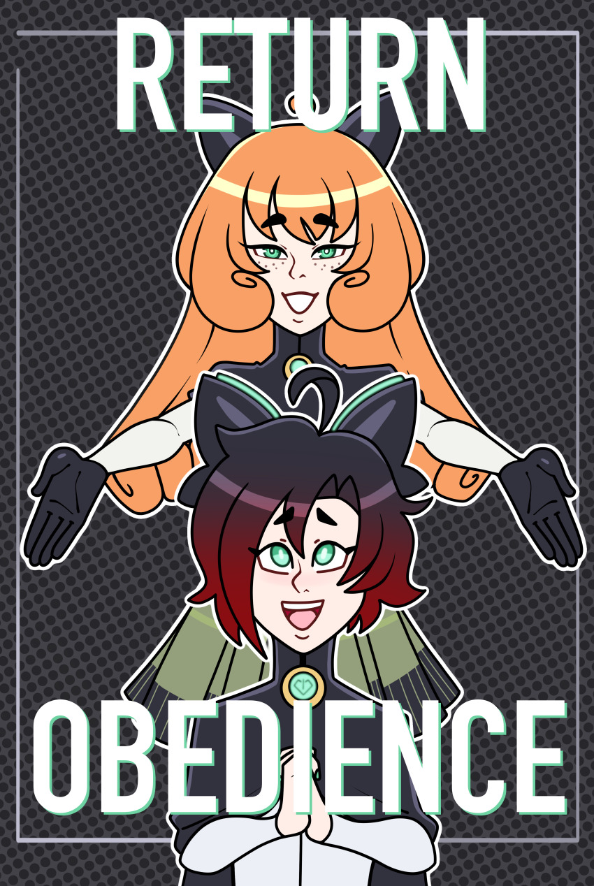 absurdres black_hair clothed female_only femdom femsub freckles gloves glowing_eyes green_eyes happy_trance long_hair open_mouth orange_hair owl_pie penny_polendina propaganda robot robot_girl ruby_rose rwby short_hair smile tech_control text