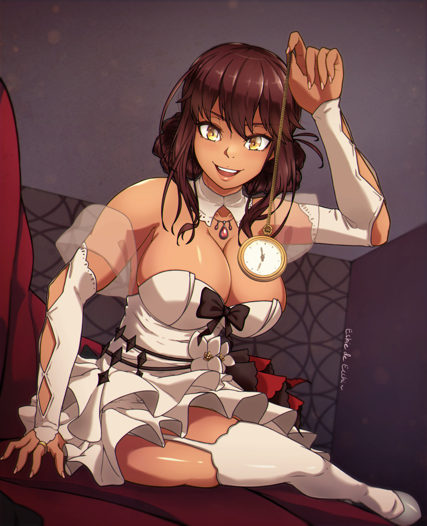 absurdres breasts brown_hair cleavage dark_skin dress eshie femdom garter_belt girls_frontline huge_breasts jewelry large_breasts looking_at_viewer necklace pocket_watch pov pov_sub saiga12_(girl's_frontline) sitting solo thighhighs yellow_eyes