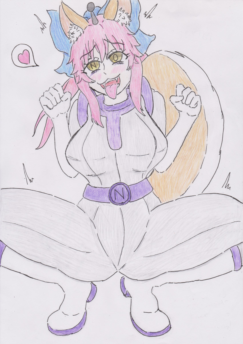 animal_ears antenna breasts caster_(fate/extra) corruption elly_snail fate/extra fate_(series) femsub fox_ears fox_girl fox_tail happy_trance large_breasts notraider open_mouth possession precure squatting suit tamamo_no_mae tongue tongue_out traditional