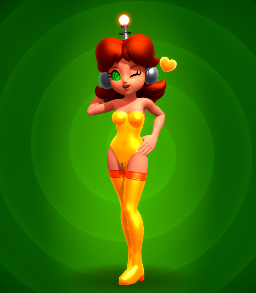 3d antenna breasts brown_hair cleavage clothed erect_nipples female_only fembot femsub happy_trance headphones hypnotic_accessory latex long_hair nintendo onmodel3d princess princess_daisy robotization smile solo spiral_eyes super_mario_bros. symbol_in_eyes tech_control thighhighs