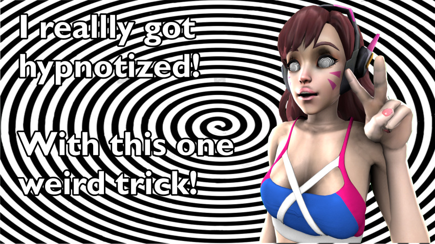 3d absurdres breasts d.va female_only femsub headphones hornydude4real humor long_hair overwatch smile spiral spiral_eyes symbol_in_eyes text