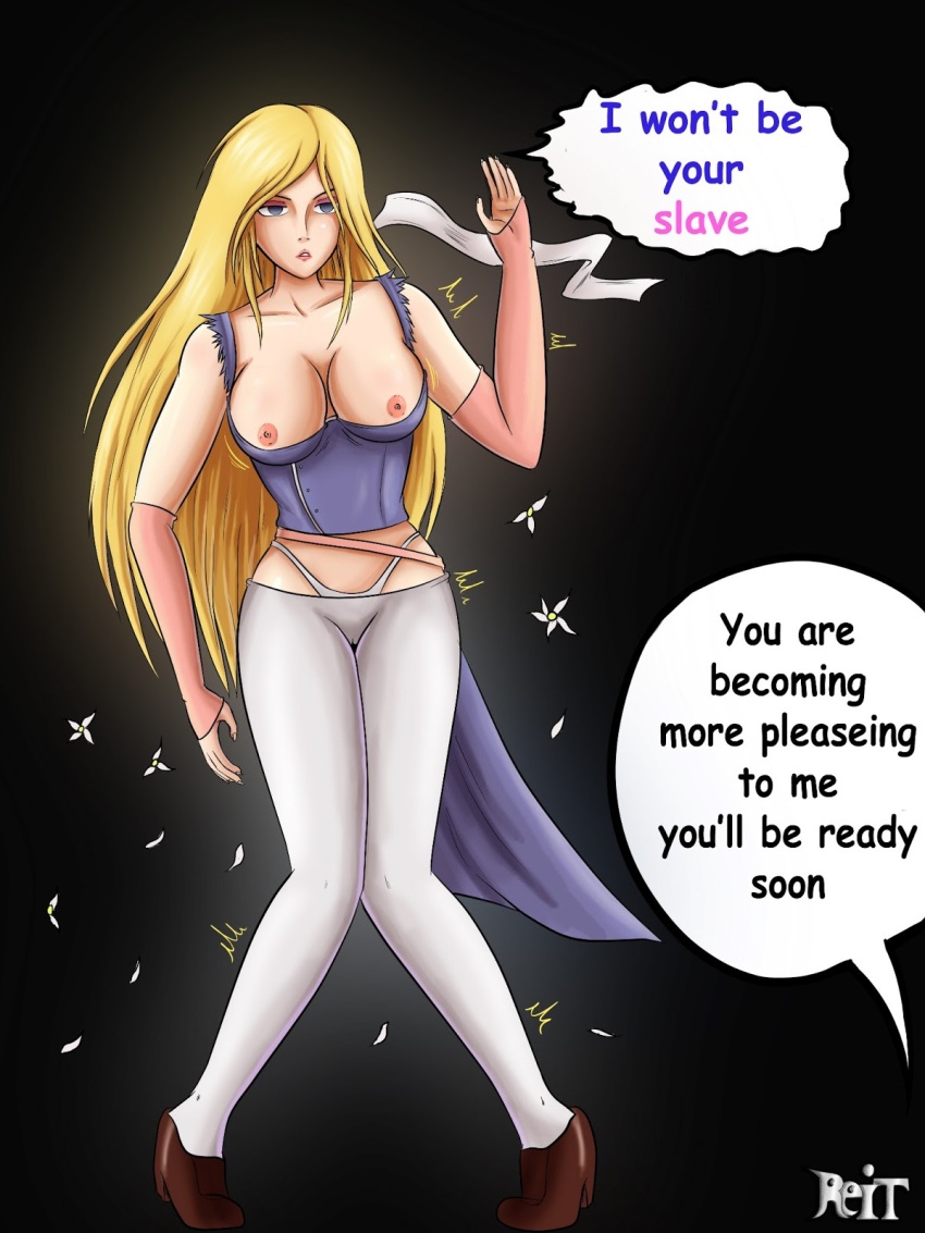 arm_warmers blonde_hair breast_expansion breasts castlevania empty_eyes expressionless femsub hair_growth knees_together large_breasts leggings open_clothes panties reit resisting richter_belmont text transformation transgender underwear very_long_hair
