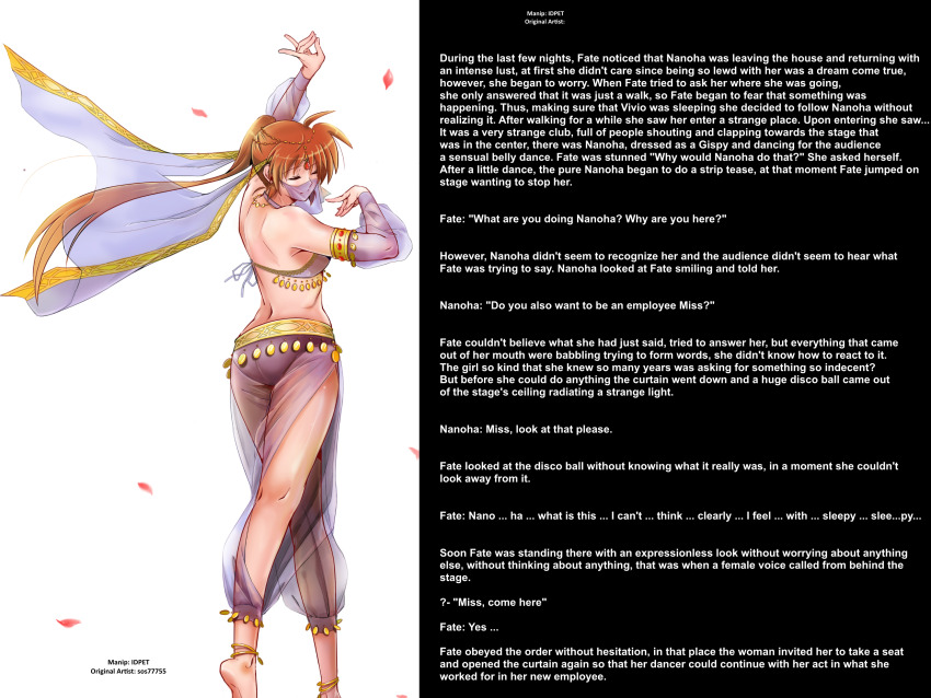 breasts caption caption_only closed_eyes dancer fate_testarossa femdom forced_employee happy_trance harem_outfit high_heels idpet_(manipper) large_breasts long_hair magical_girl_lyrical_nanoha manip nanoha_takamachi sos77755 split_personality stripper text