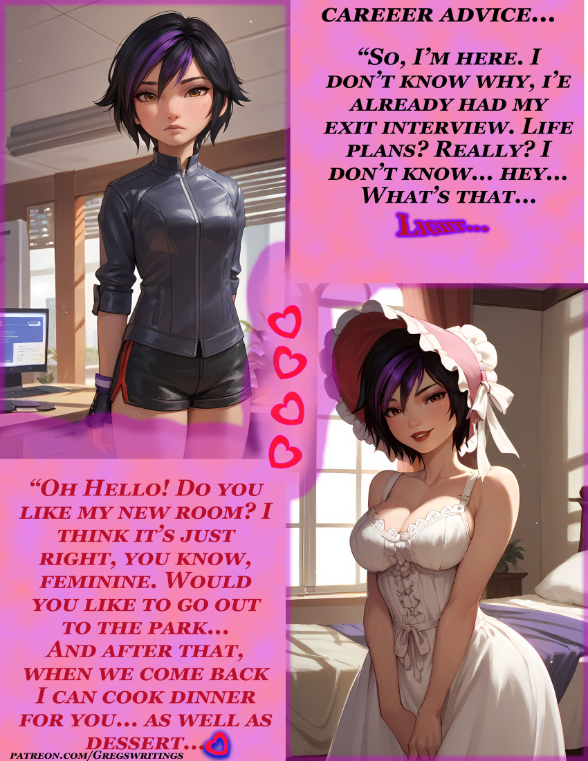 ai_art before_and_after big_hero_6 bonnet breast_expansion brown_eyes caption domestication dress feminization femsub gogo_tomago gregory_michelson_(generator) multicolored_hair short_hair smile tomboy