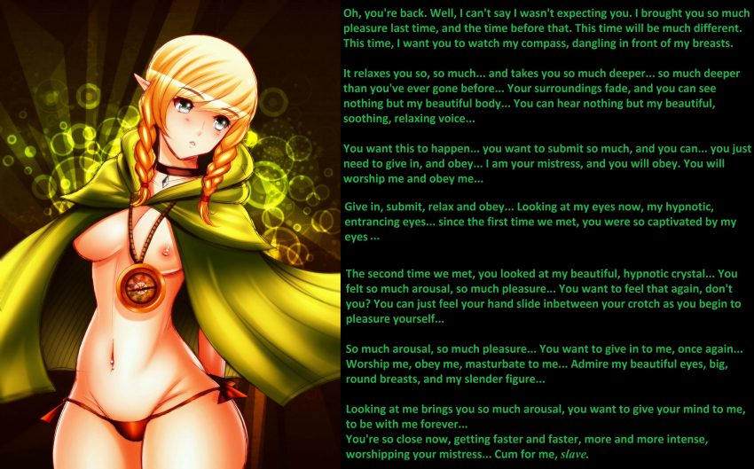 absurdres blonde_hair blush bottomless breasts caption elf_ears female_only femdom hyrule_warriors large_breasts linkle looking_at_viewer manip masturbation_command necklace nintendo open_clothes orgasm_command panties pov pov_sub text the_legend_of_zelda twintails underwear yellow_eyes zeldaishot_(manipper)