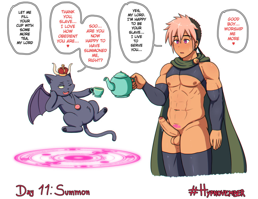 abs androgynous_dom bottomless cape cat_boy crown demon demon_boy erection hypno_neet hypnovember jewelry magic_circle male_only maledom malesub necklace nude original penis precum text topless