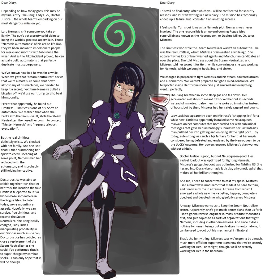aware black_hair caption city_of_heroes daphne_miller enemy_conversion evil_smile female_only femdom gguy123 glasses green_eyes looking_at_viewer manip original pov pov_sub sitting smile sunt-ermico_(manipper) super_hero text worm_(series)