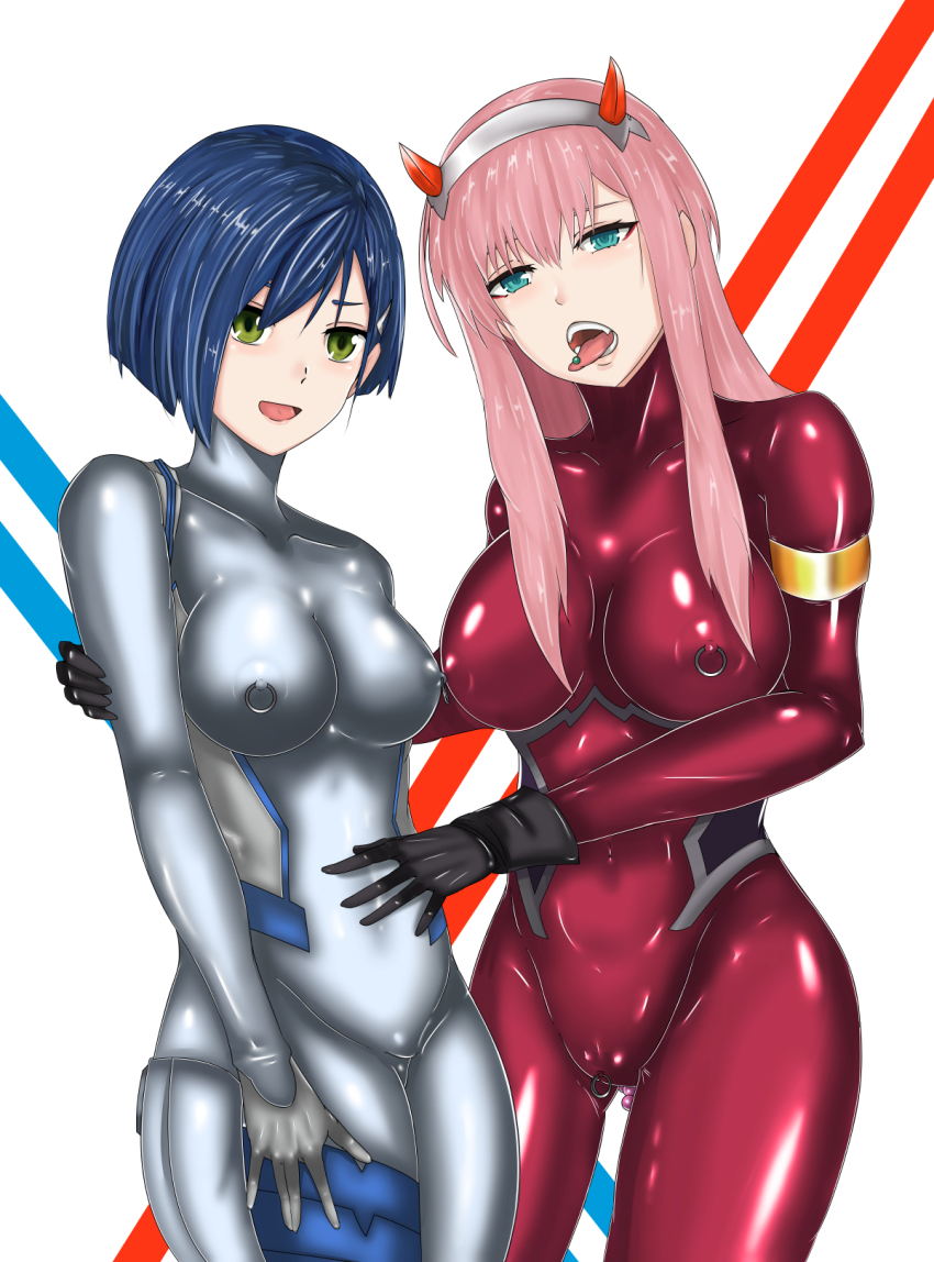 a_string blue_hair bodysuit breasts clitoris_piercing darling_in_the_franxx horns ichigo_(015) large_breasts long_hair nipple_piercing open_mouth piercing pink_hair short_hair tongue tongue_out tongue_piercing zero_two