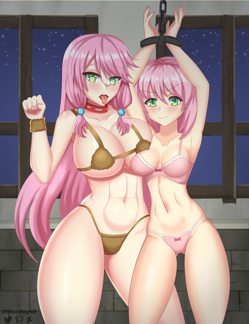 absurdres bikini blush breasts chains collar female_only femsub flare_arlgrande_jioral_(freya) green_eyes happy_trance heart heart_eyes large_breasts long_hair neo_reptil norn_clatalissa_jioral_(ellen) open_mouth pet_play pink_hair princess redo_of_healer short_hair sisters symbol_in_eyes tongue tongue_out twintails
