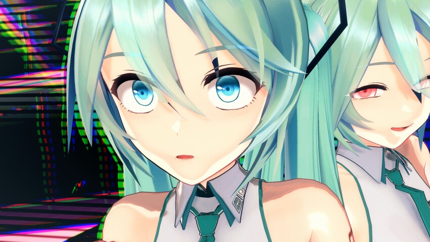3d bare_shoulders before_and_after blue_eyes blue_hair cyan_hair dazed evil_smile female_only femsub koikatsu! looking_at_viewer miku_hatsune multiple_girls red_eyes shirt smile solo standing taihou1944 tattoo tie twintails very_long_hair
