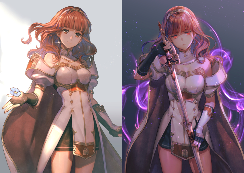 armor aura bare_shoulders before_and_after cape celica_(fire_emblem) corruption dress dress_shirt earrings evil_smile female_only femsub fire_emblem fire_emblem_echoes fire_emblem_heroes flower fujikawa_akira gloves glowing_eyes hair_band jewelry long_hair looking_at_viewer nintendo opera_gloves orange_hair possession red_eyes short_skirt shorts smile sparkle sword thighs witch