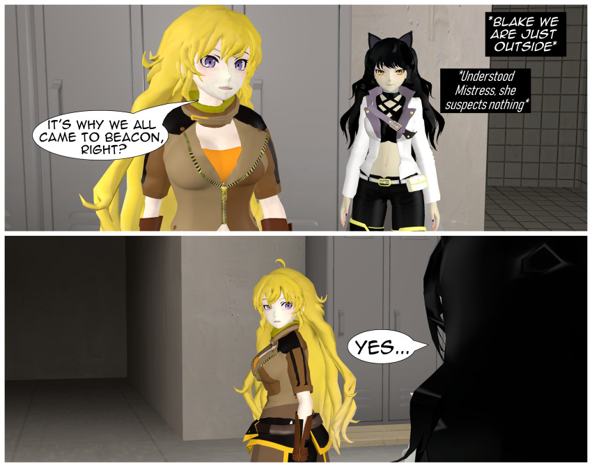 3d absurdres blake_belladonna collar comic female_only hypnotic_accessory rwby tech_control tepmarmy text yang_xiao_long