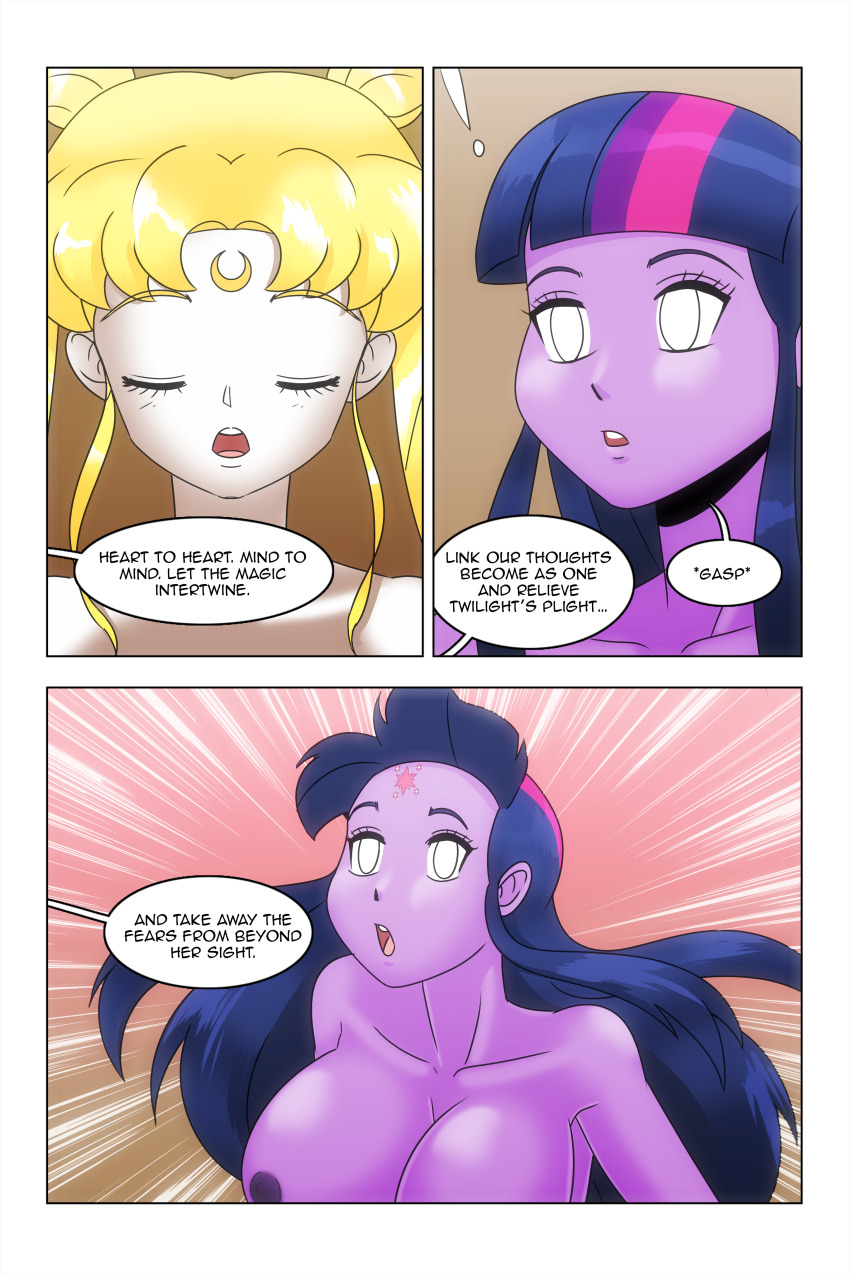 bare_shoulders breasts comic dialogue discolored_nipples dress equestria_girls facial_markings femsub hair_buns large_breasts long_hair multicolored_hair my_little_pony princess purple_skin sailor_moon sailor_moon_(series) story text topless twilight_sparkle twintails wadevezecha western whitewash_eyes