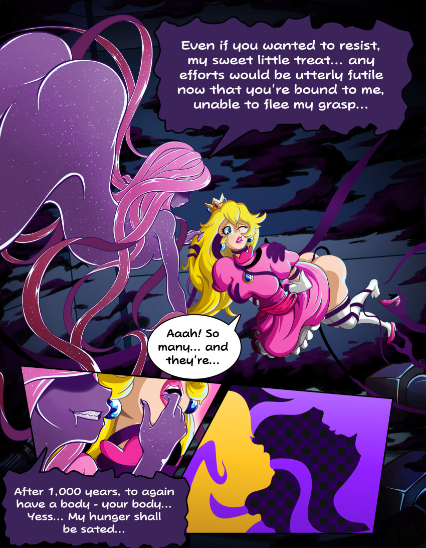 absurdres anal ass ass_focus blonde_hair bondage dialogue earrings english_text female_only femdom femsub finger_in_mouth from_behind holding_shoes mind_break nintendo one_eye_open oral paper_mario paper_mario:_the_thousand_year_door princess princess_peach queen restrained royalty sex shadow_queen smile socks speech_bubble super_mario_bros. tagme tentacle_sex tentacles text thiccncute undressing yuri