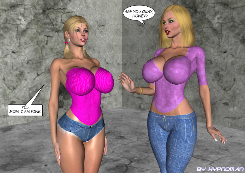 3d bare_shoulders blonde_hair blue_eyes blush breasts character_request cleavage collarbone expressionless female_only femsub huge_breasts hypnoman jean_shorts jeans kary_(hypnoman) long_hair milf mother_and_daughter navel open_mouth original red_lipstick see-through shorts standing standing_at_attention text