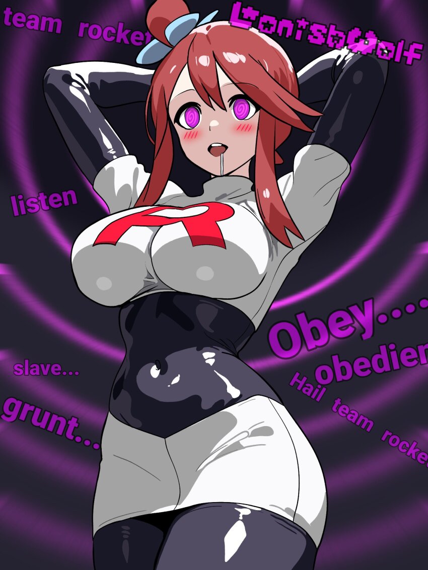 arms_above_head black_background blush bodysuit clothed crop_top drool enemy_conversion female_only femsub gloves hair_ornament hand_on_head huge_breasts latex long_hair lonishwolf mantra navel nintendo open_mouth opera_gloves pink_eyes pokemon pokemon_black_and_white posing purple_eyes red_hair shorts skyla solo spiral_background spiral_eyes symbol_in_eyes team_rocket text watermark