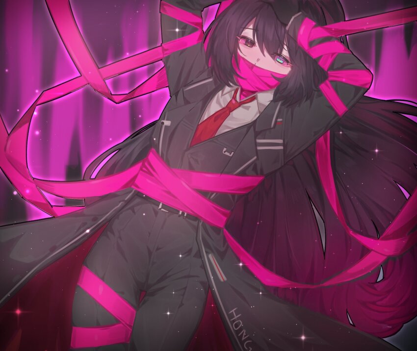 arms_above_head black_hair bondage gag heterochromia hong_lu judamu limbus_company long_hair looking_at_viewer male_only multicolored_hair pink_hair pink_sclera restrained ribbon_bondage solo tie