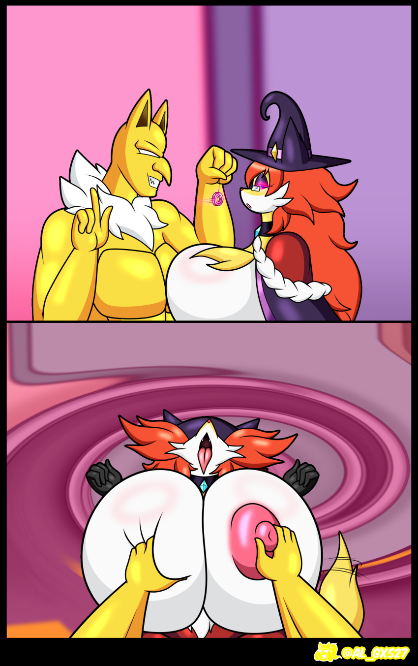 absurdres al_gx bottomless breast_grab breasts choker clothed_sex delphox evil_smile fox_girl furry glowing glowing_eyes hat heavy_eyelids hyper_breasts hypno male_pov maledom milf monster_girl muscle_boy nintendo nipples open_mouth pendulum pokemon pokemon_(creature) pov pov_dom purple_eyes red_hair sequence sex signature smile spiral spiral_eyes symbol_in_eyes tongue tongue_out topless very_long_hair witch_hat yellow_skin