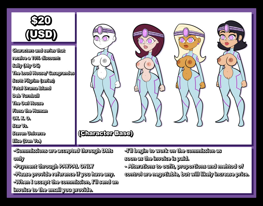 agent_k apopop beautiful_gorgeous black_hair blonde_hair bodysuit breasts clothed_exposure commission_sheet dan_vs. earrings elise expressionless femsub headband hypnotic_accessory jewelry jimmy_neutron_(series) large_hips mole multiple_girls multiple_subs navel nipples pink_eyes pussy red_hair short_hair standing standing_at_attention tech_control the_replacements your_character_here