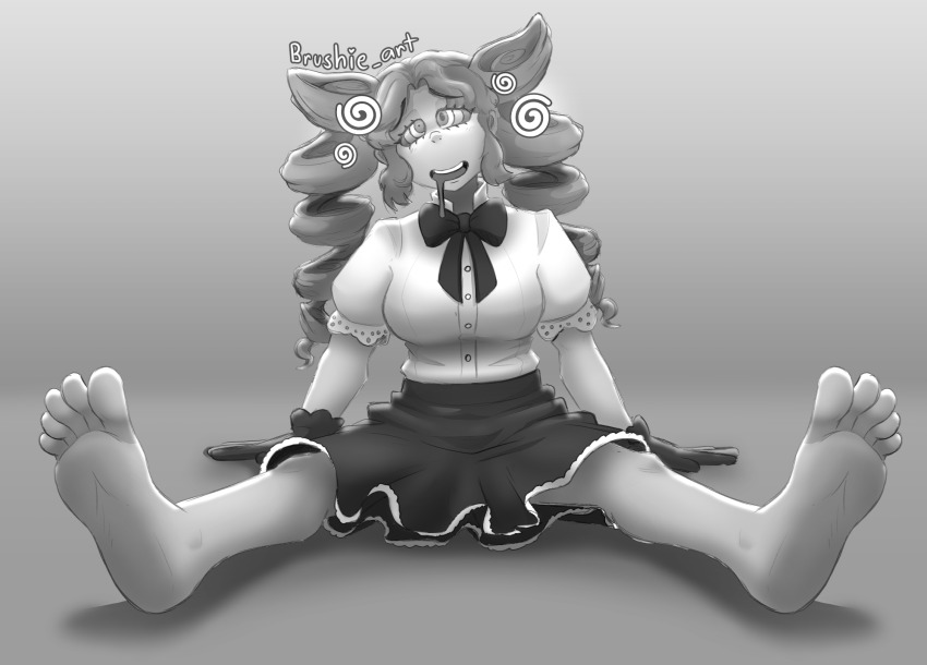 brushie_art drool feet female_only femsub foot_focus gloves greyscale happy_trance open_mouth original ribbon ring_eyes simple_background sketch skirt solo spiral spread_legs tortellini_(whatapizzashit)