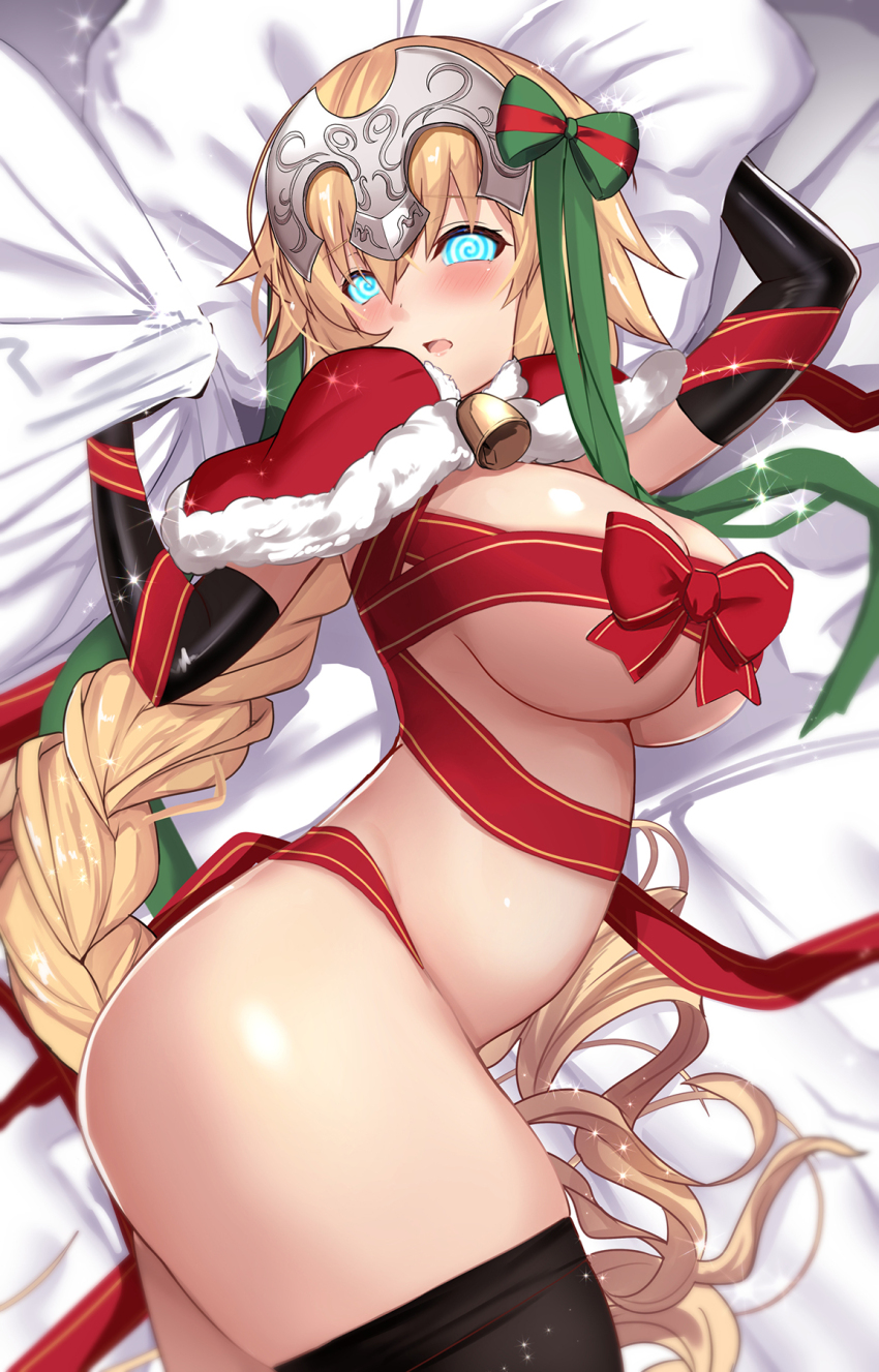 bed bell_collar blonde_hair blush breasts christmas cleavage collar fate/grand_order fate_(series) femsub gloves glowing glowing_eyes huge_breasts jeanne_d'arc_(fate) large_ass large_hips long_hair looking_at_viewer manip misterman4_(manipper) naked_ribbon open_mouth opera_gloves ponytail ribbon spiral_eyes symbol_in_eyes tagme thighhighs untsue