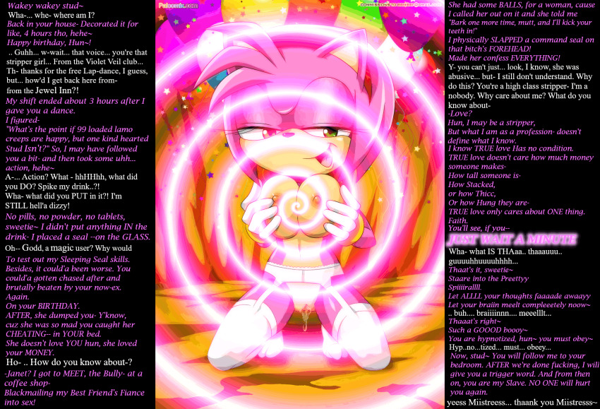 amy_rose animated animated_gif bbmbbf breasts caption female_only femdom furry glowing hedgehog_girl hypnotic_breasts large_breasts lingerie male_pov manip nipples open_mouth palcomix pink_hair pov pov_sub pussy pussy_juice short_hair solo sonic_the_hedgehog_(series) spiral text trigger underwear waverun_(manipper)