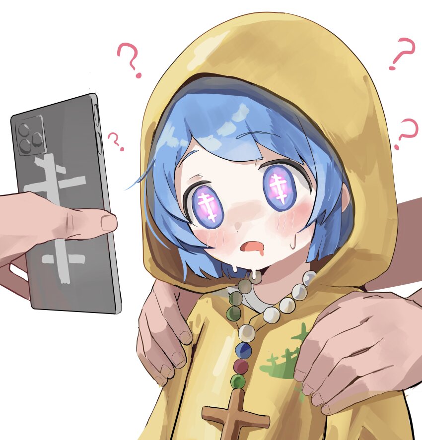 blue_eyes blue_hair blush cross drool femsub glowing_eyes hoodie hypnotic_screen kagana_helsuki loli luce_(jubilee_2025) necklace open_mouth original phone short_hair sweat