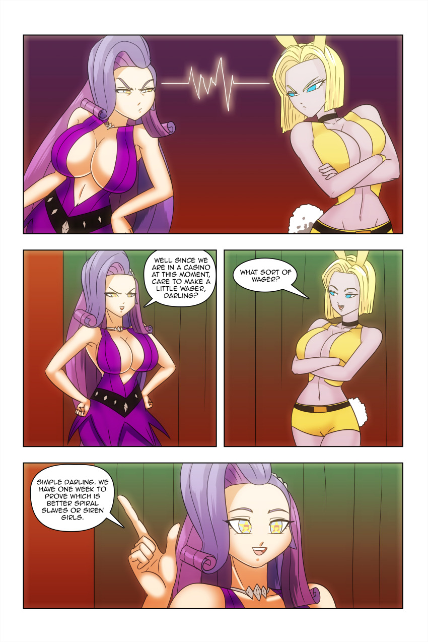 android_18 angry blonde_hair blue_eyes bunnysuit cleavage comic dragon_ball dragon_ball_z empty_eyes equestria_girls happy_trance large_breasts long_hair midriff my_little_pony necklace purple_hair rarity short_hair smile symbol_in_eyes text wadevezecha