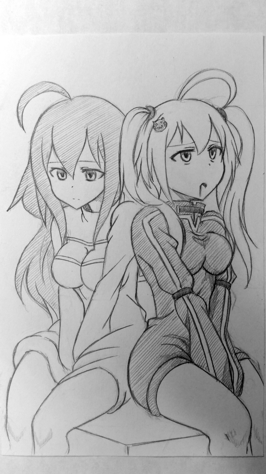 absurdres ahoge drool empty_eyes expressionless juu_(juuzou) long_hair myuk open_mouth original sisters sitting traditional twintails yui_(juuzou)
