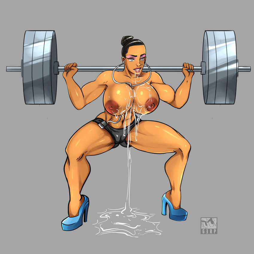absurdres black_hair breasts canyon_springs cleavage drool earbuds erect_nipples exercise female_only flexing gerph gym high_heels huge_breasts hypnotic_audio large_breasts muscle_girl music_player spiral_eyes story symbol_in_eyes topless weightlifting