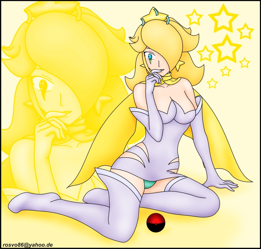 blonde_hair cleavage collar collarbone corruption crossover earrings femsub finger_to_mouth fusion hair_covering_one_eye hair_ornament jirachi kneeling long_hair nintendo opera_gloves panties pokeball pokemon princess_rosalina rosvo scarf signature simple_background super_mario_bros. super_mario_galaxy tagme thighhighs underwear