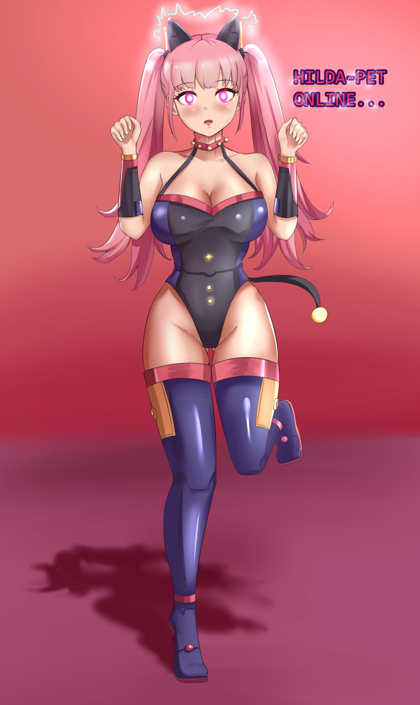 cat_ears cat_girl cat_pose collar drone dronification drool electricity femsub fire_emblem fire_emblem_heroes fire_emblem_three_houses hilda_valentine_goneril large_breasts nintendo pet_play pink_eyes pink_hair smeef text thighs
