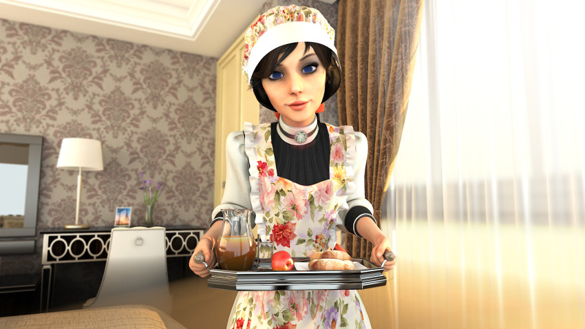 3d bioshock_infinite black_hair blue_eyes collar elizabeth_comstock empty_eyes femsub food happy_trance incubus_(manipper) looking_at_viewer maid standing standing_at_attention tech_control the-crackfox tray